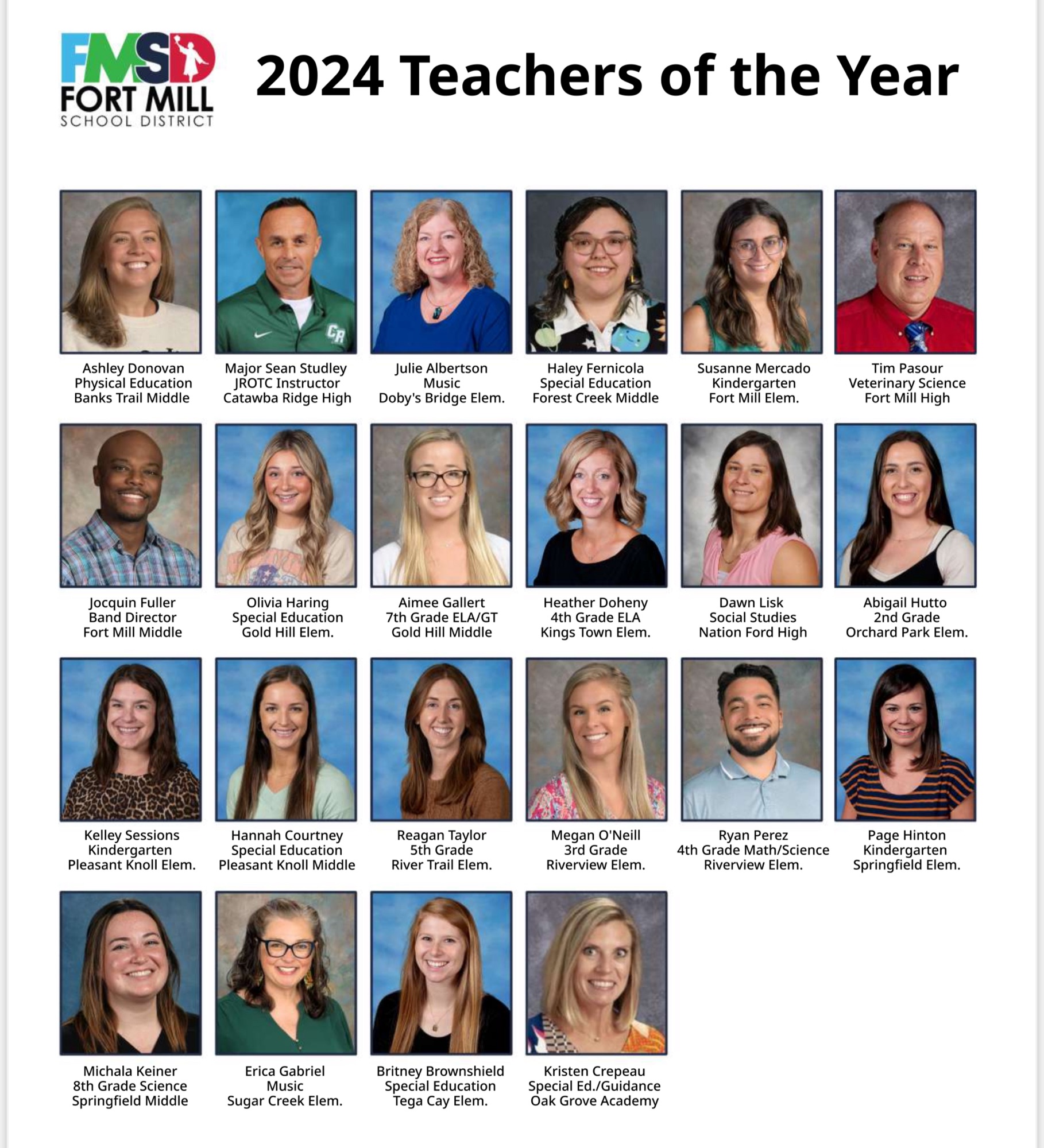 FORT MILL ANNOUNCES 2024 TEACHERS AND SUPPORT STAFF OF THE YEAR Tega