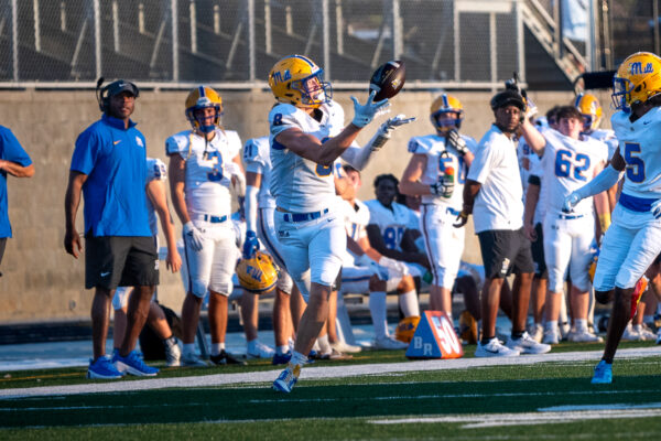 Fort Mill wide receiver, Tanner Mays, caught the throw from Quinn Kelly along the side lines and sprinted for a touchdown.