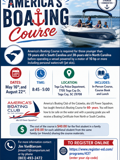 America’s Boating Course, May 16th at the Tega Cay Police Department